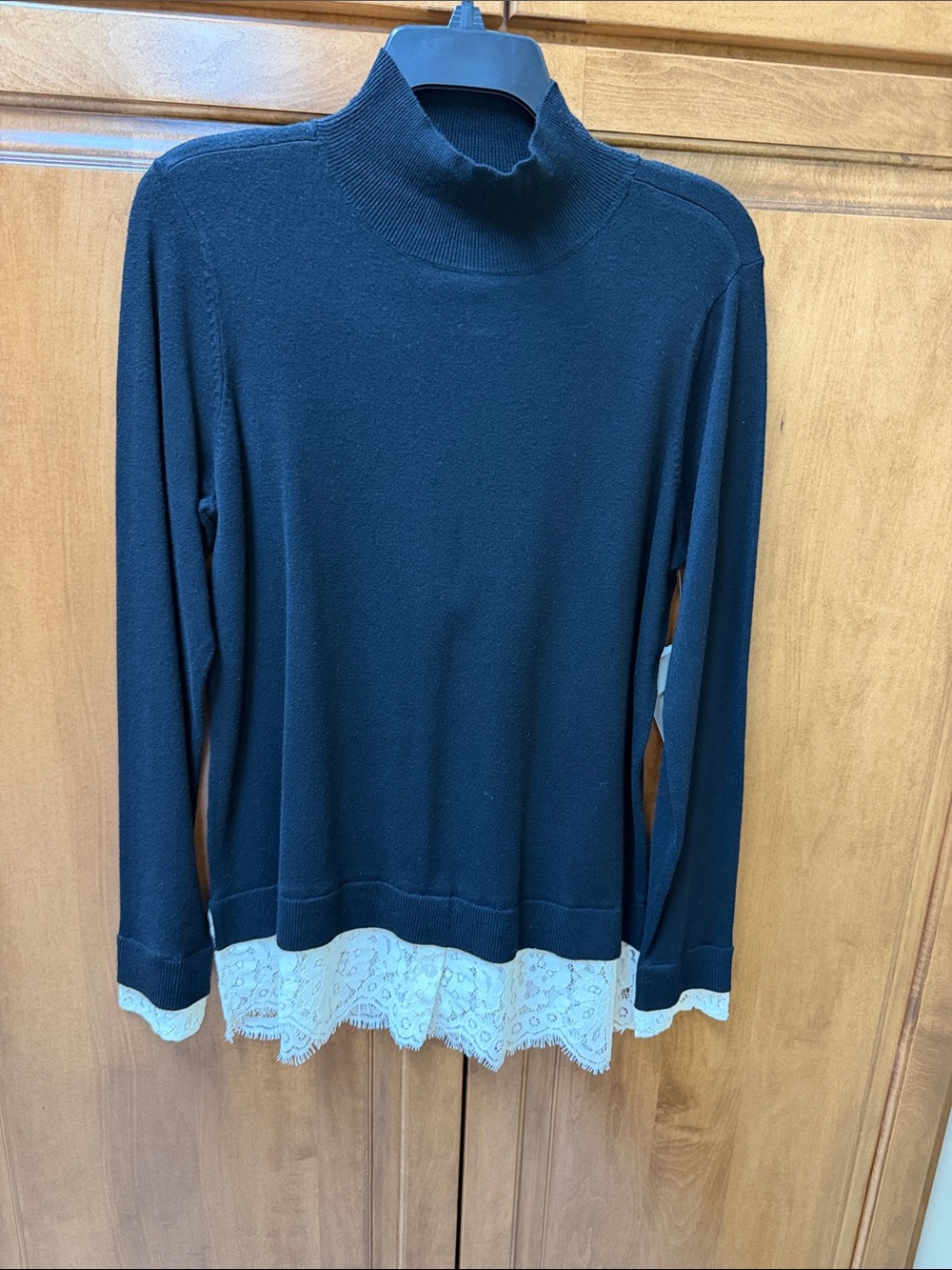 Sharon Young Black Mock Neck Top with White Lace Hem
